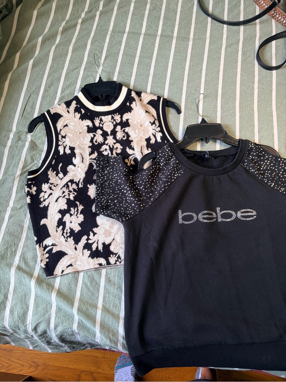 bebe Black Short Sleeve Rhinestone Logo Top with Embellished Shoulders